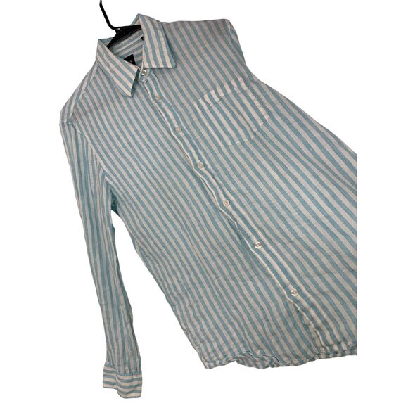 Mens Hugo Boss Blue Stripe 100% Linen Button-Up Sport Shirt M EUC 8881 Vacay - Picture 1 of 10